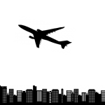 都市を飛ぶ飛行機のイラスト