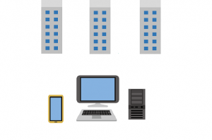 複数の証券会社ビルとパソコン 複数の証券口座を開設のイメージ